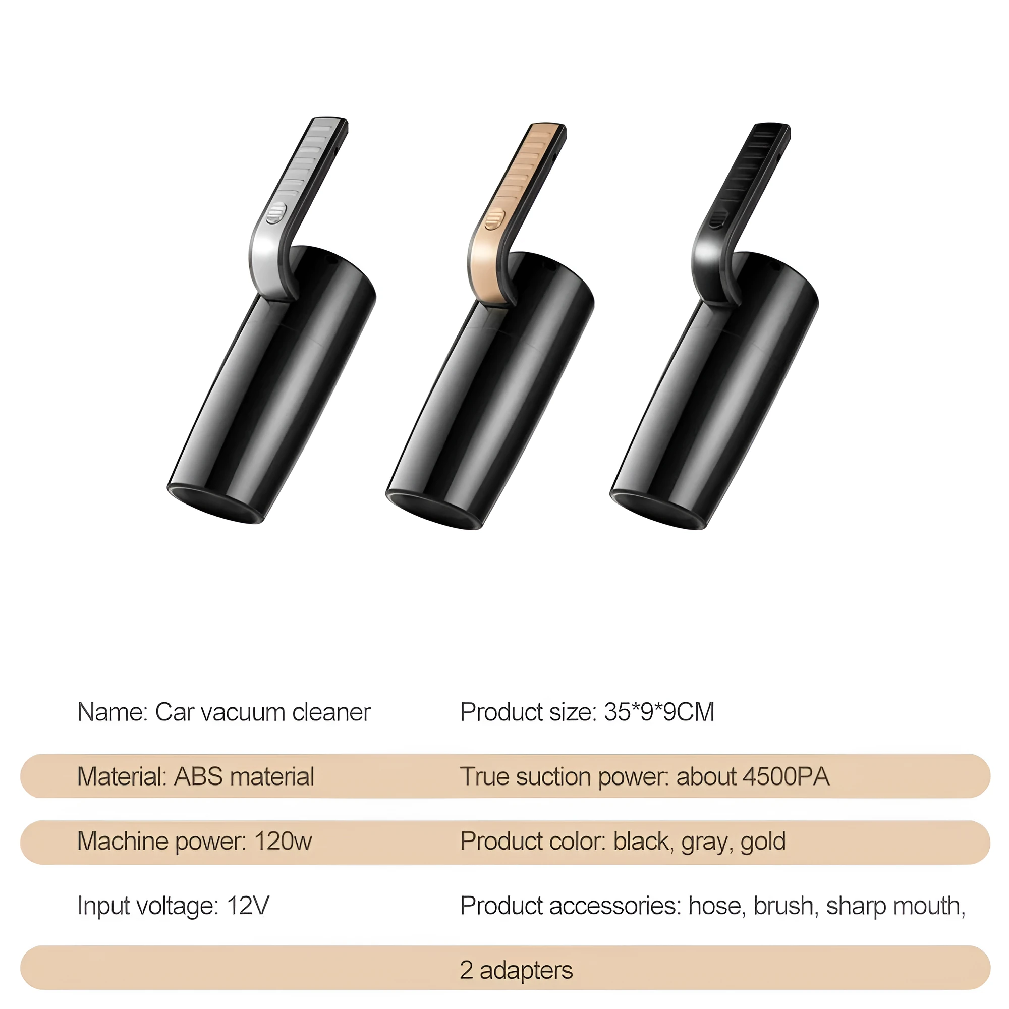 Handheld car vacuum cleaner 120W in black with nozzle, wet dry portable ABS design