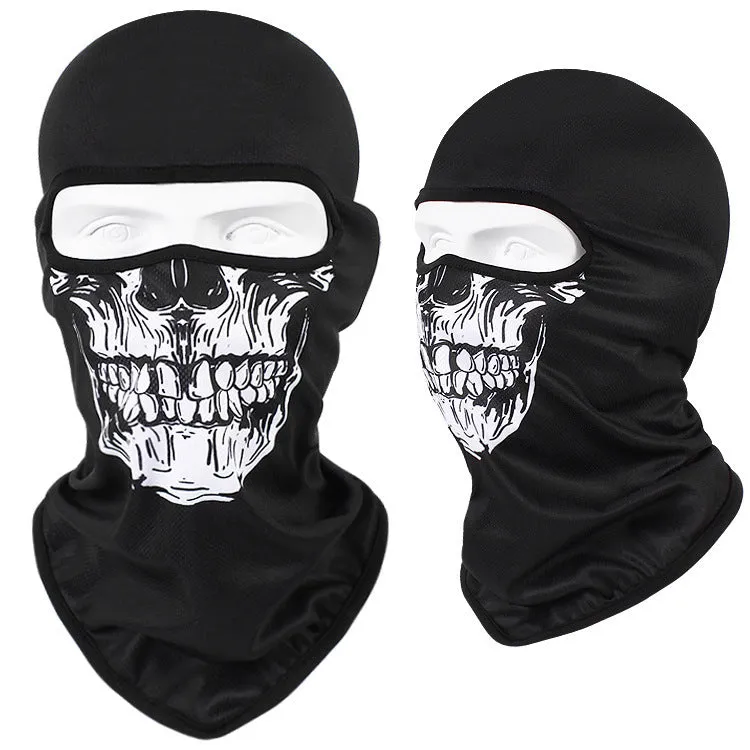 Motorcycle skull mask balaclava in Bakool silk fabric showing skull design, laid flat to show 36x29cm size.