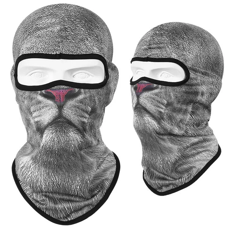 Motorcycle skull mask balaclava in Bakool silk fabric showing skull design, laid flat to show 36x29cm size.