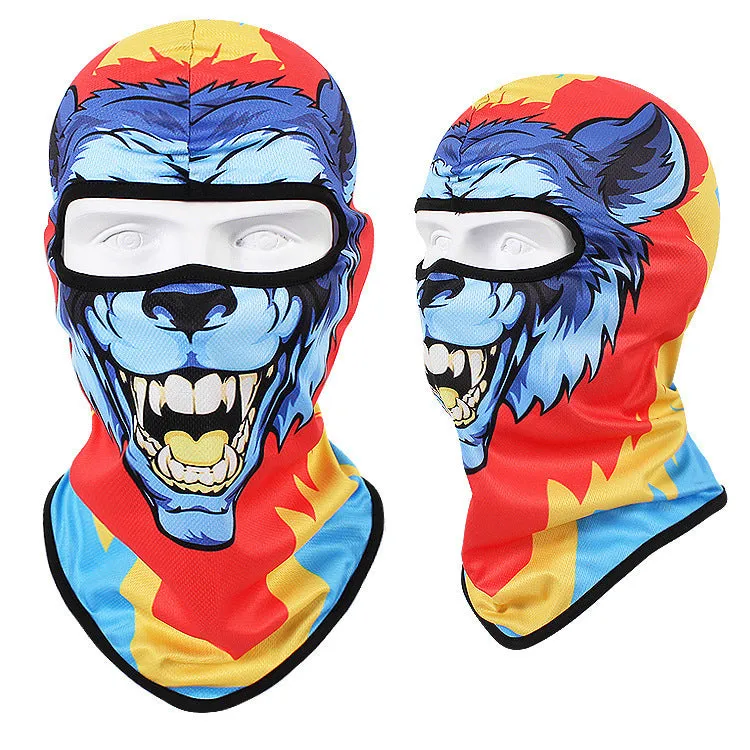 Motorcycle skull mask balaclava in Bakool silk fabric showing skull design, laid flat to show 36x29cm size.