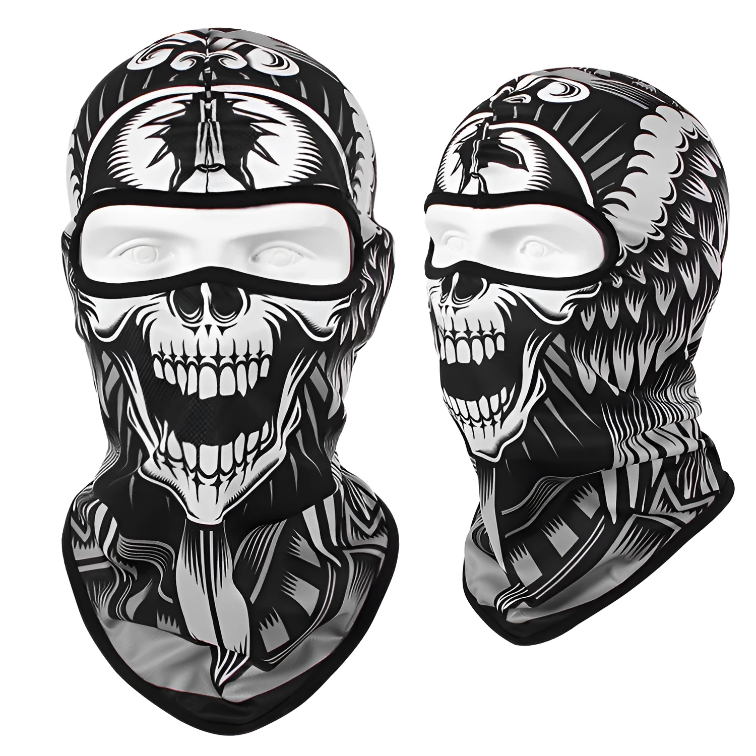Motorcycle skull mask balaclava in Bakool silk fabric showing skull design, laid flat to show 36x29cm size.