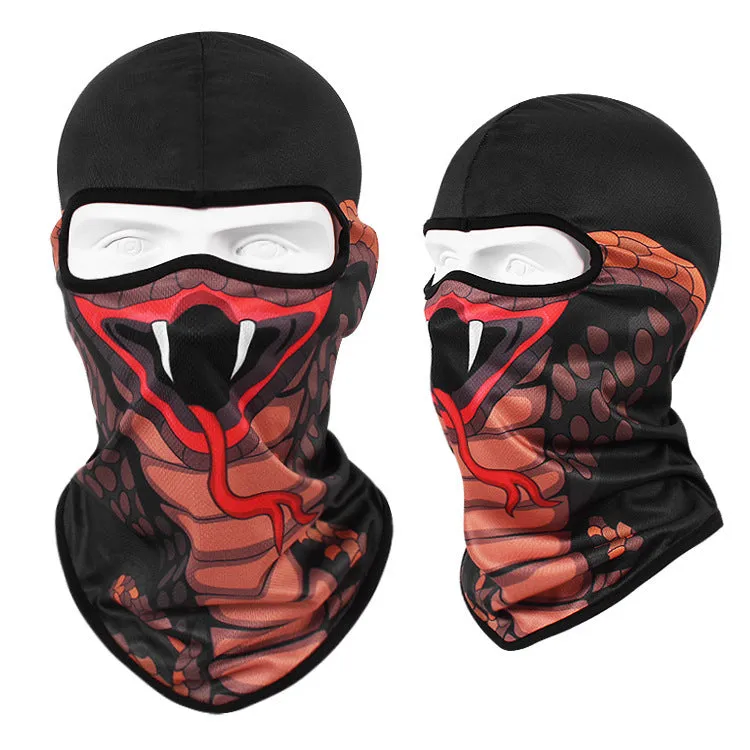 Motorcycle skull mask balaclava in Bakool silk fabric showing skull design, laid flat to show 36x29cm size.