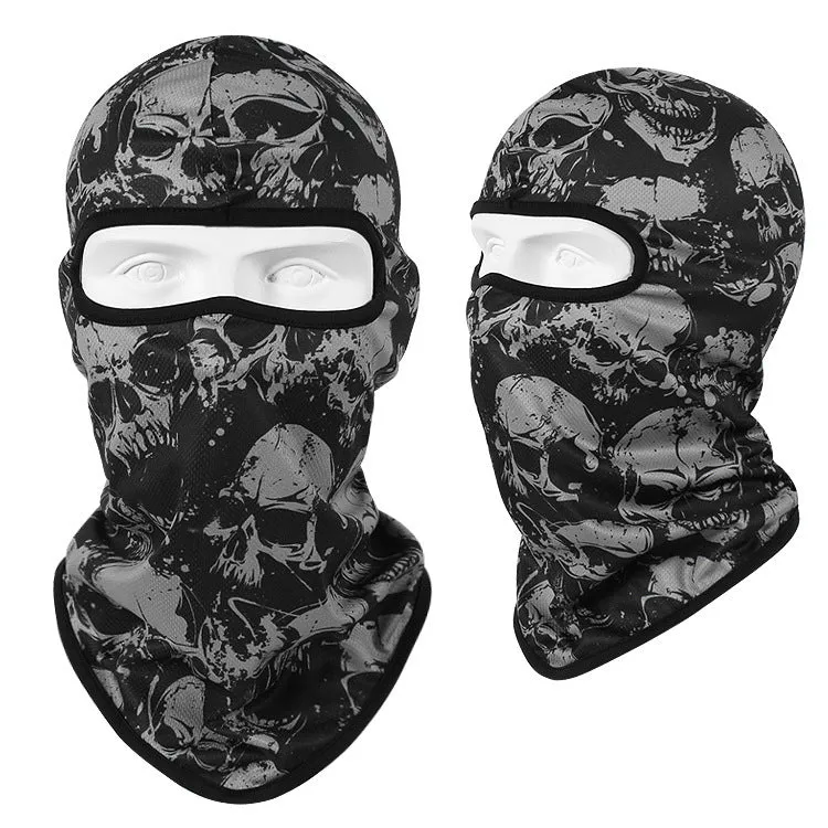 Motorcycle skull mask balaclava in Bakool silk fabric showing skull design, laid flat to show 36x29cm size.