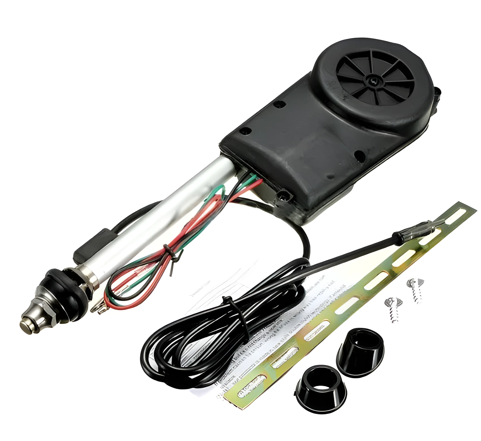 Automatic car radio antenna booster kit with black base and stainless steel mast on a white background