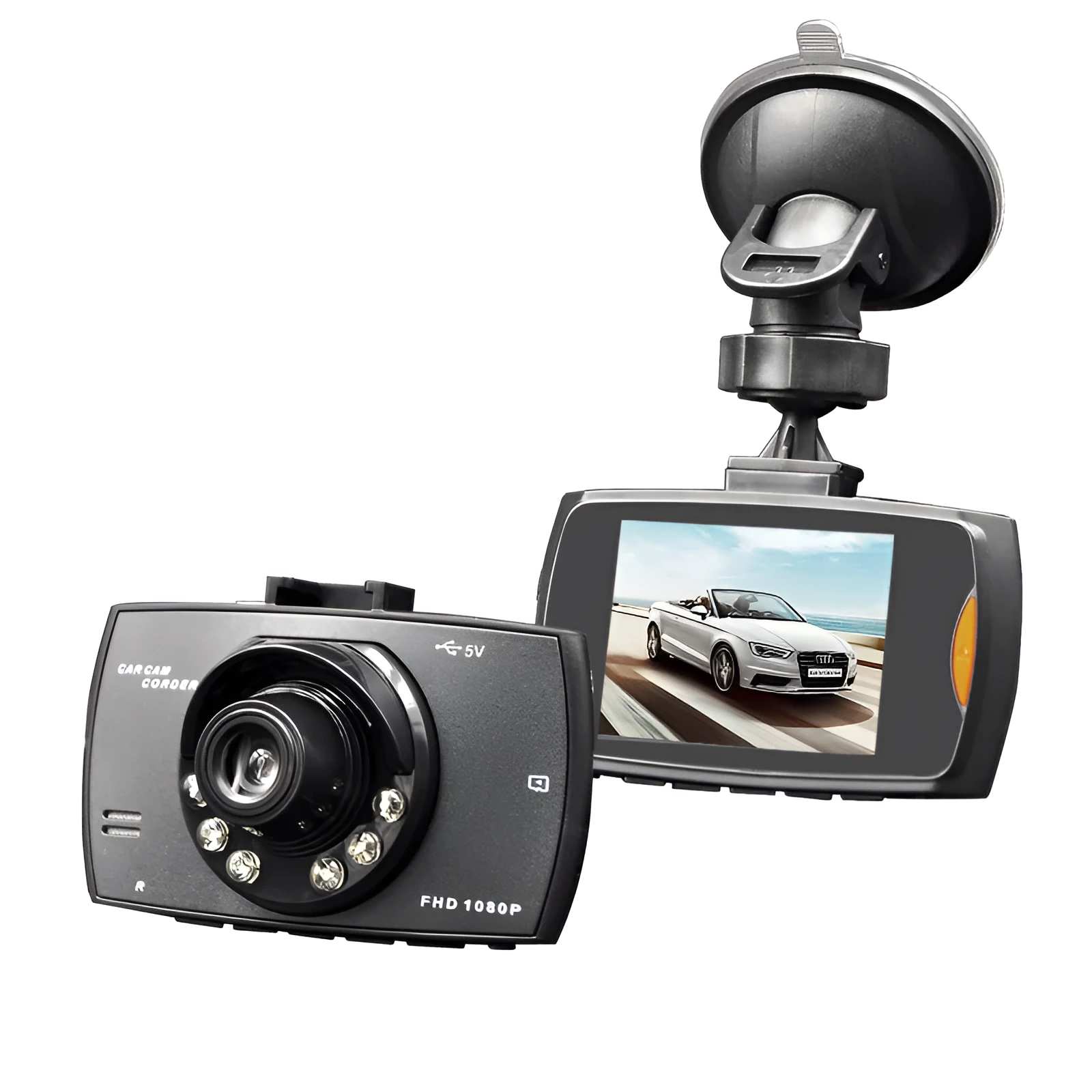 Car DVR dual camera system mounted on windscreen showing front and rear recording capability