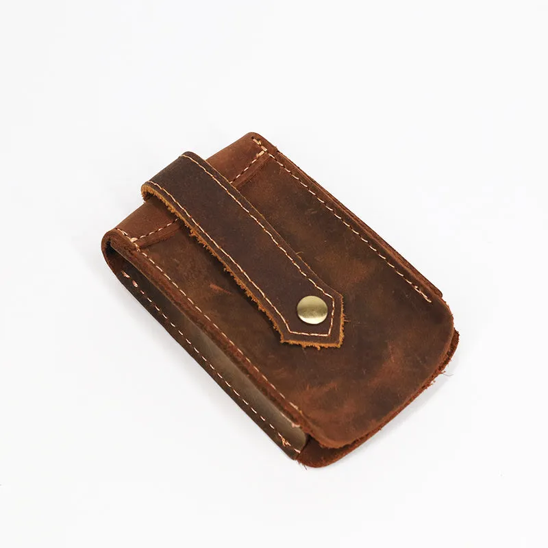 Crazy horse leather key case 7cm by 11.5cm in dark brown colour lying flat