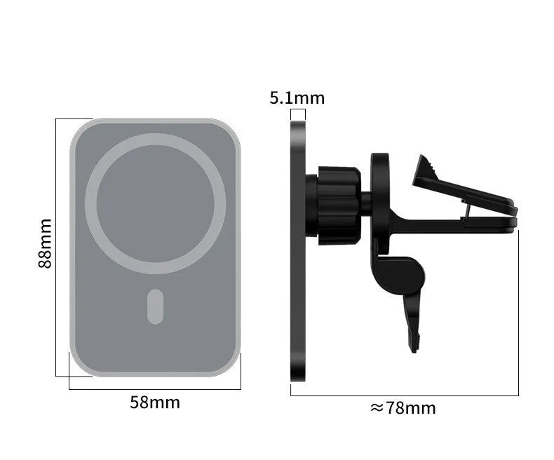 Magnetic car wireless charger 15W with aluminium alloy body and N52 magnet, black model on car air outlet vent