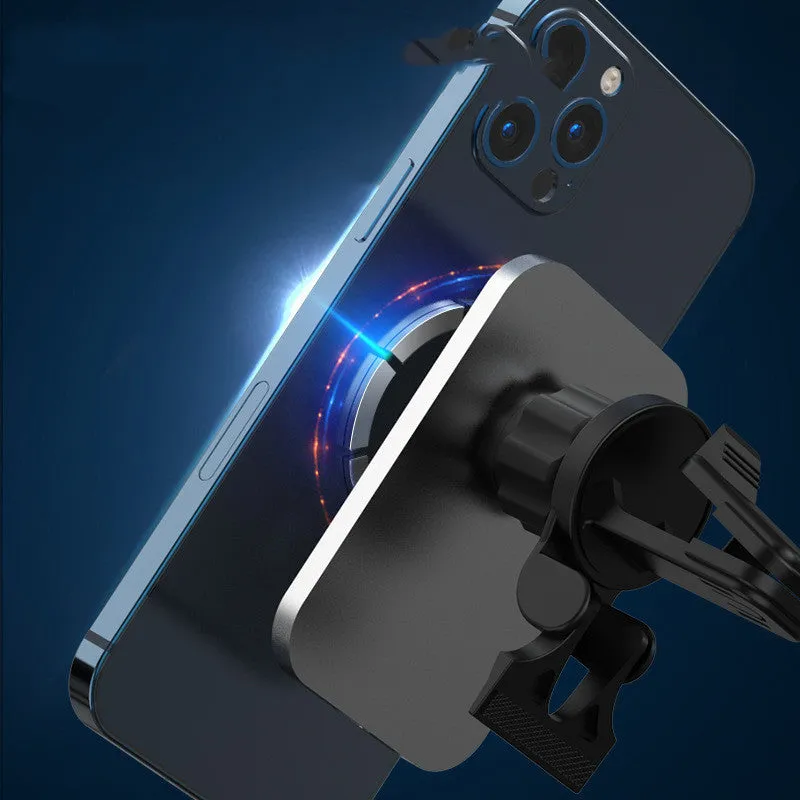 Magnetic car wireless charger 15W with aluminium alloy body and N52 magnet, black model on car air outlet vent
