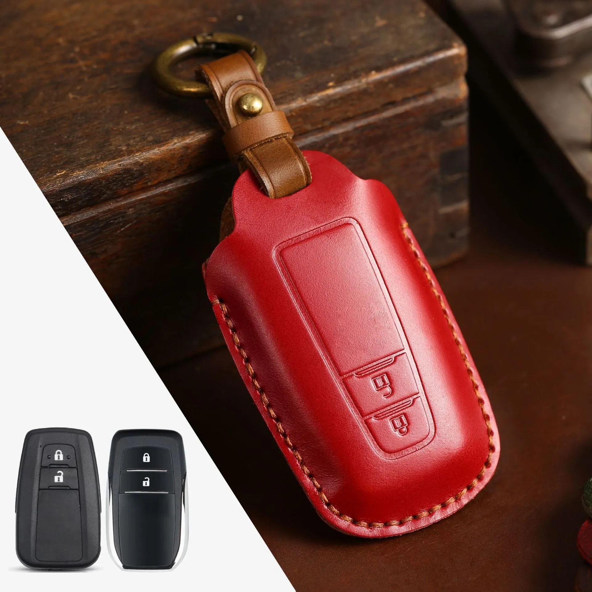 Crazy horse leather car key case in brown for 3 keys with stitched slots