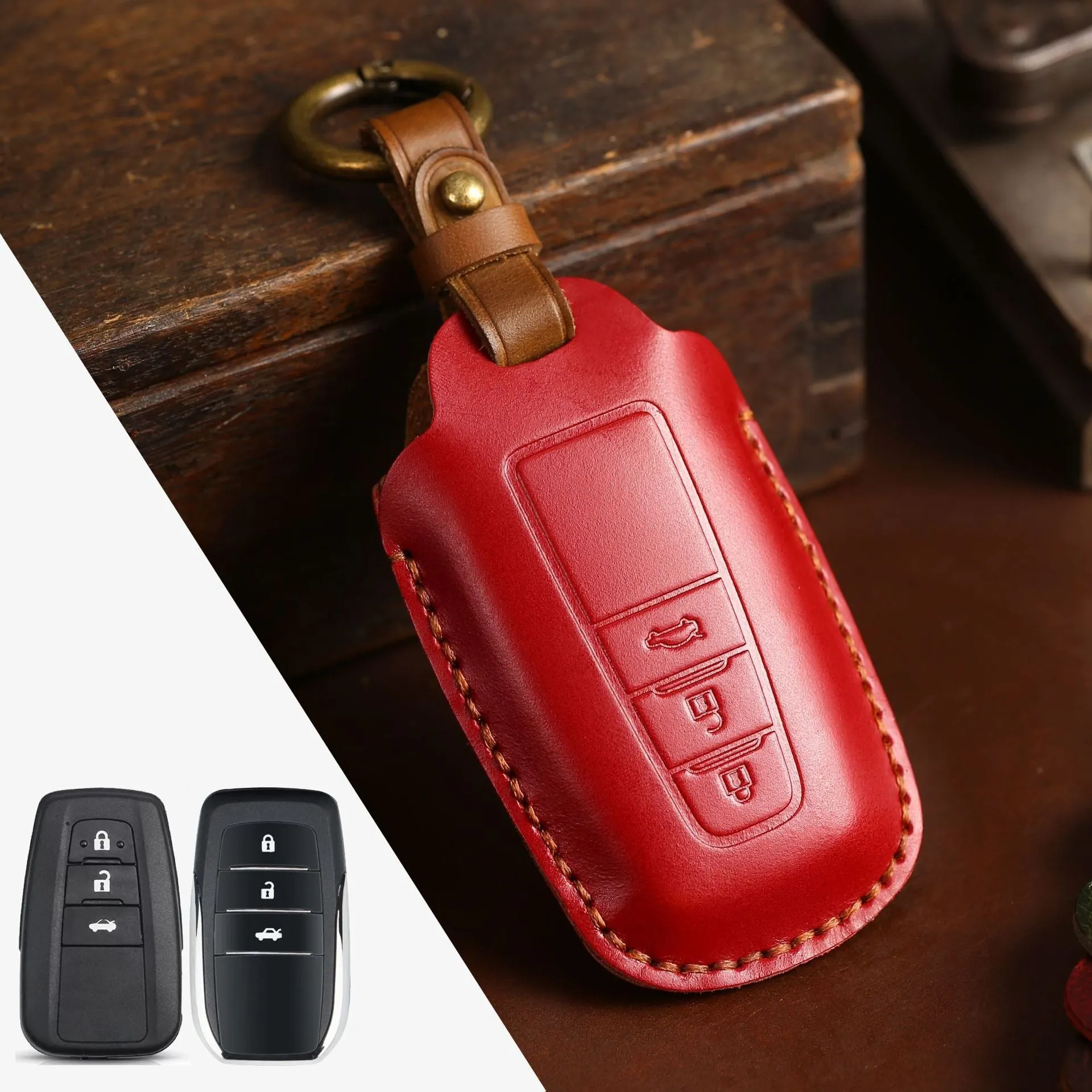 Crazy horse leather car key case in brown for 3 keys with stitched slots