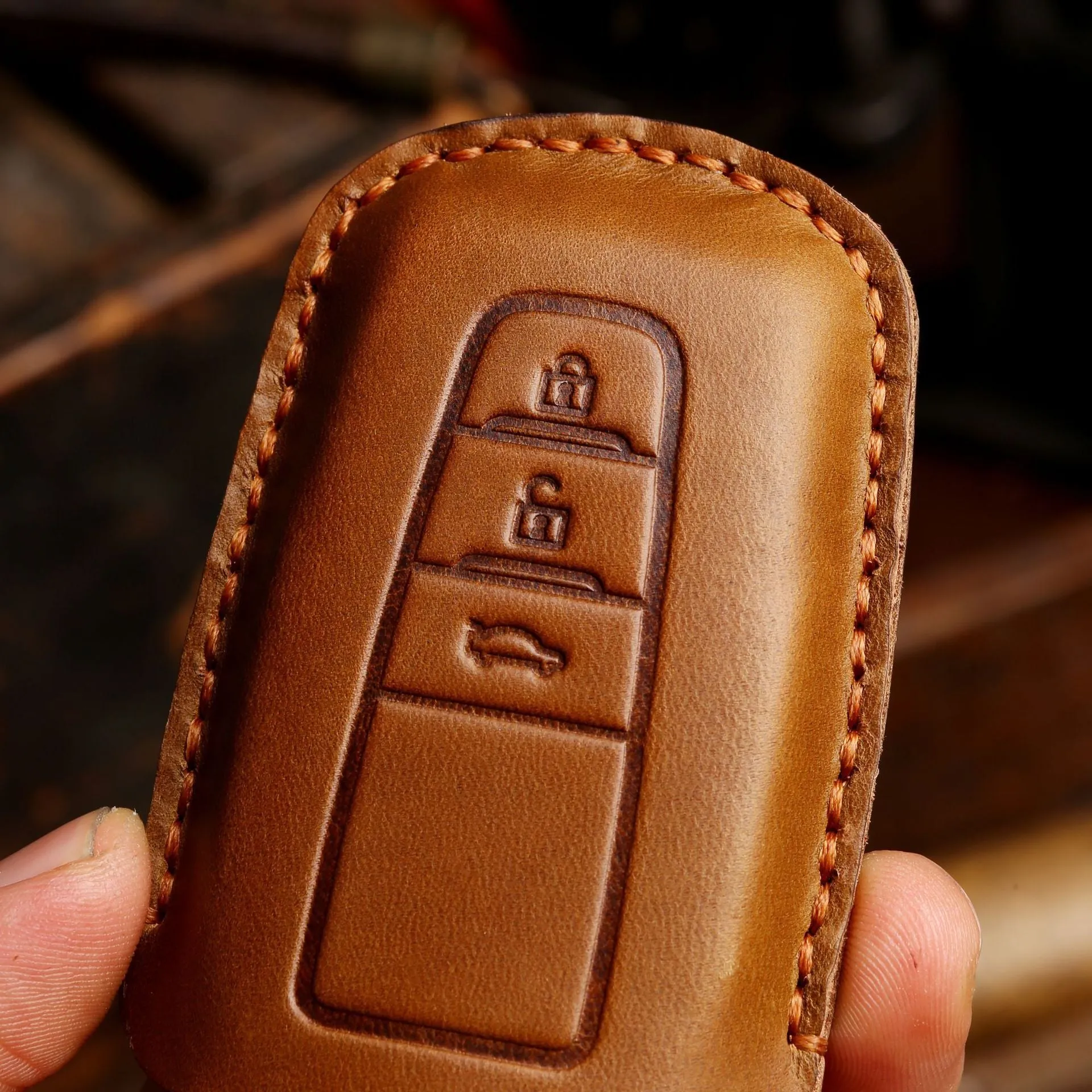 Crazy horse leather car key case in brown for 3 keys with stitched slots
