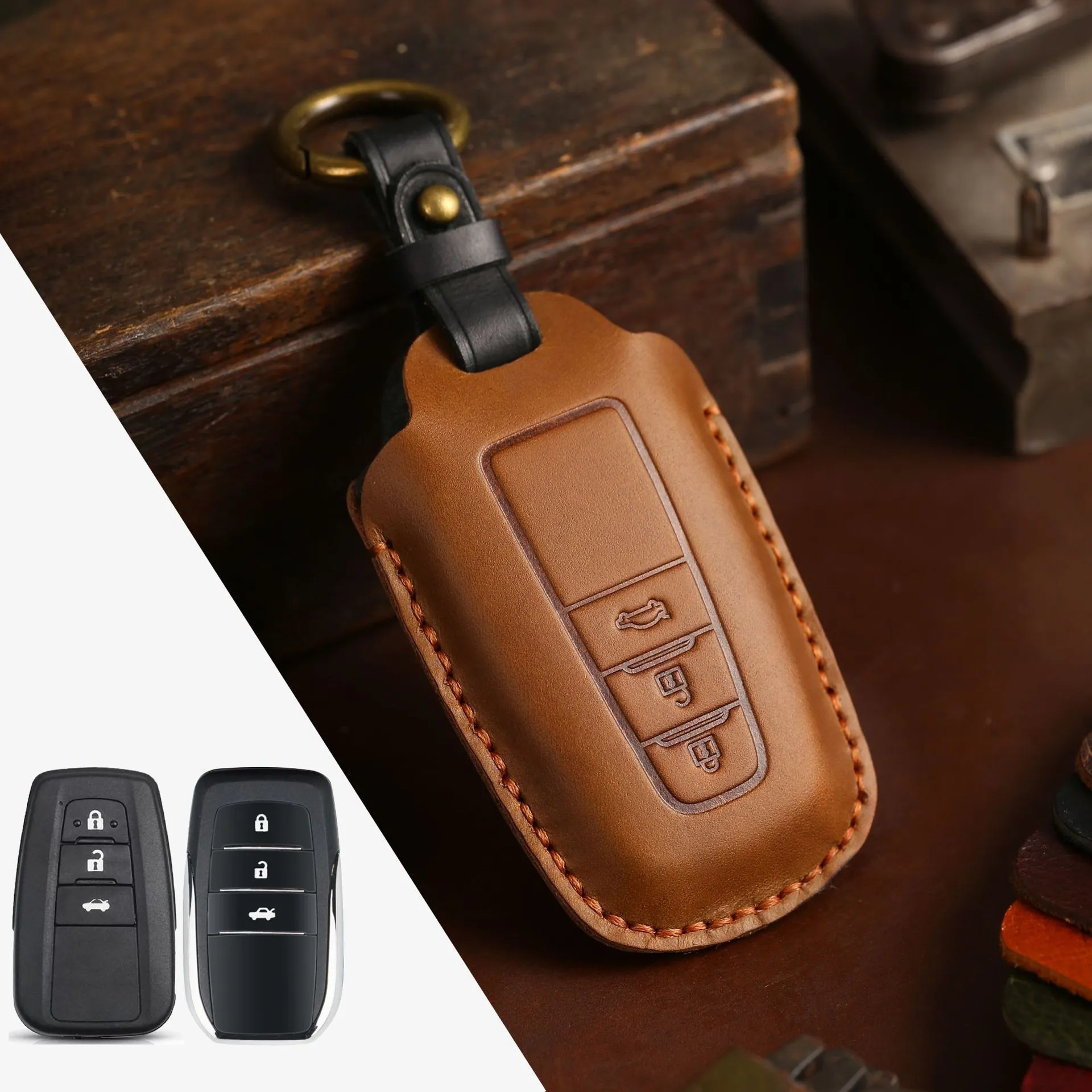 Crazy horse leather car key case in brown for 3 keys with stitched slots