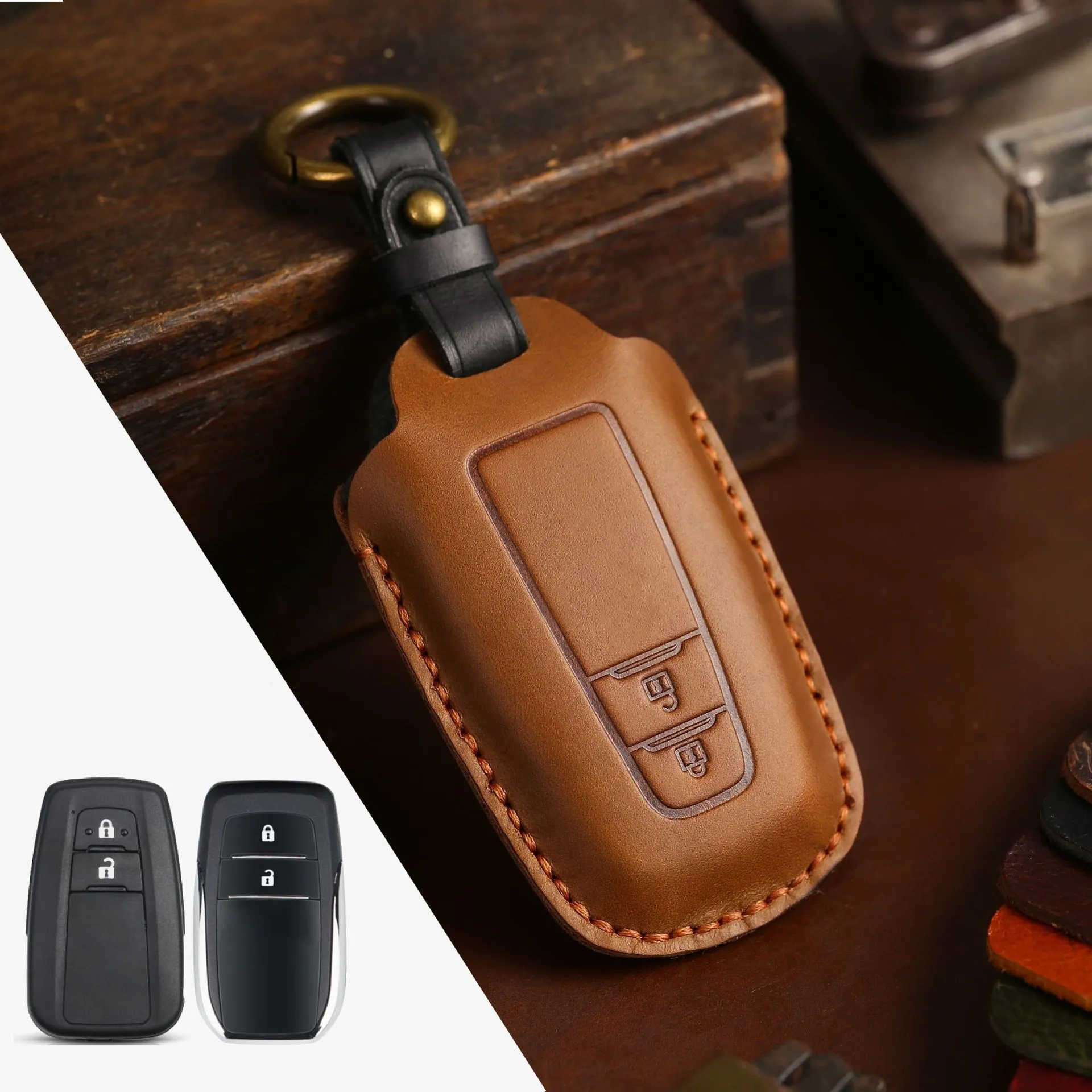 Crazy horse leather car key case in brown for 3 keys with stitched slots