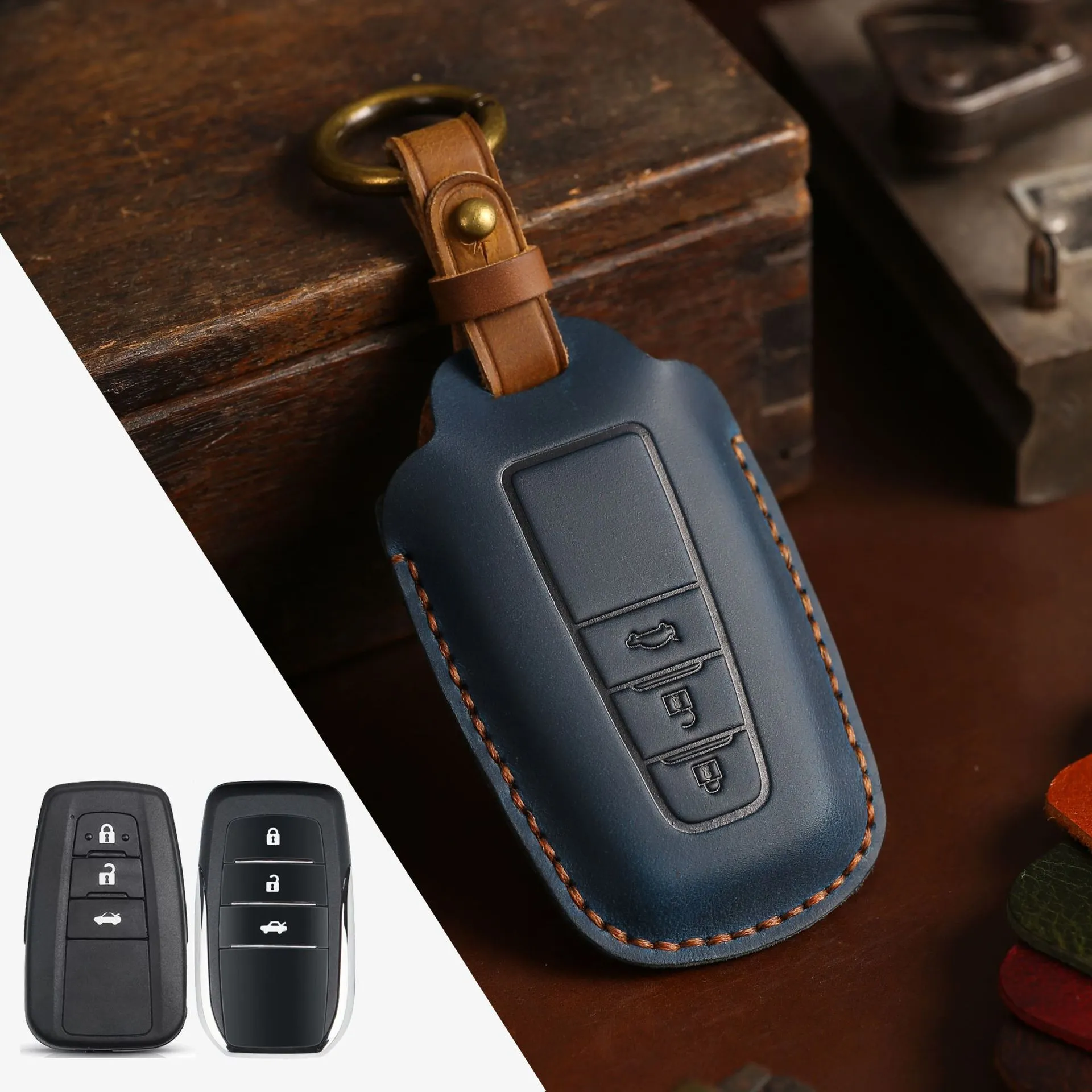 Crazy horse leather car key case in brown for 3 keys with stitched slots