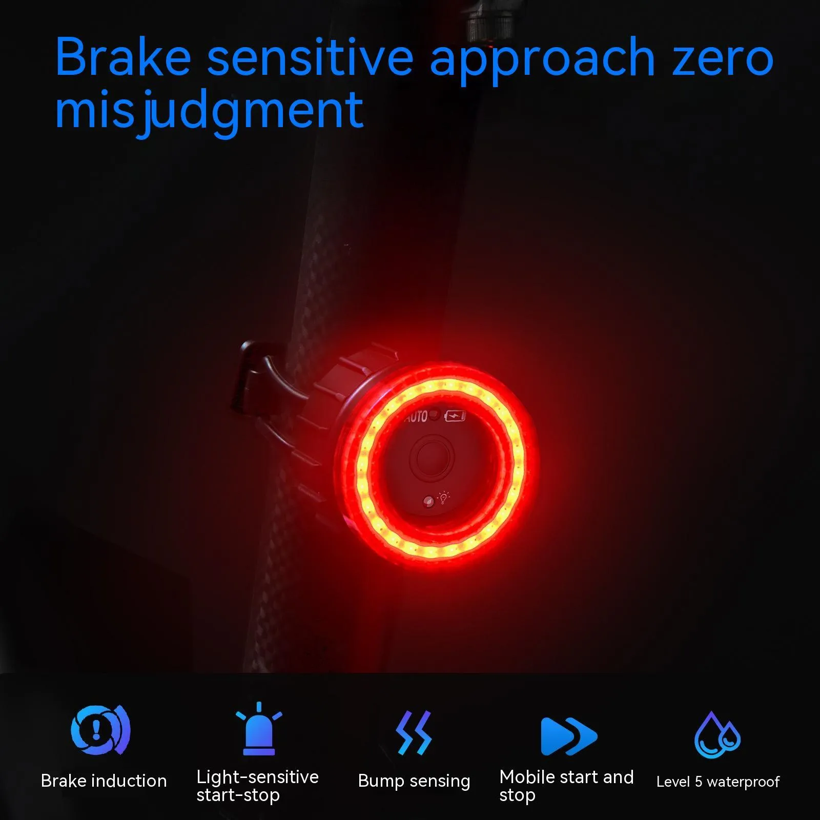 Black intelligent induction brake taillight for bicycles with aluminium alloy casing and mounting brackets.