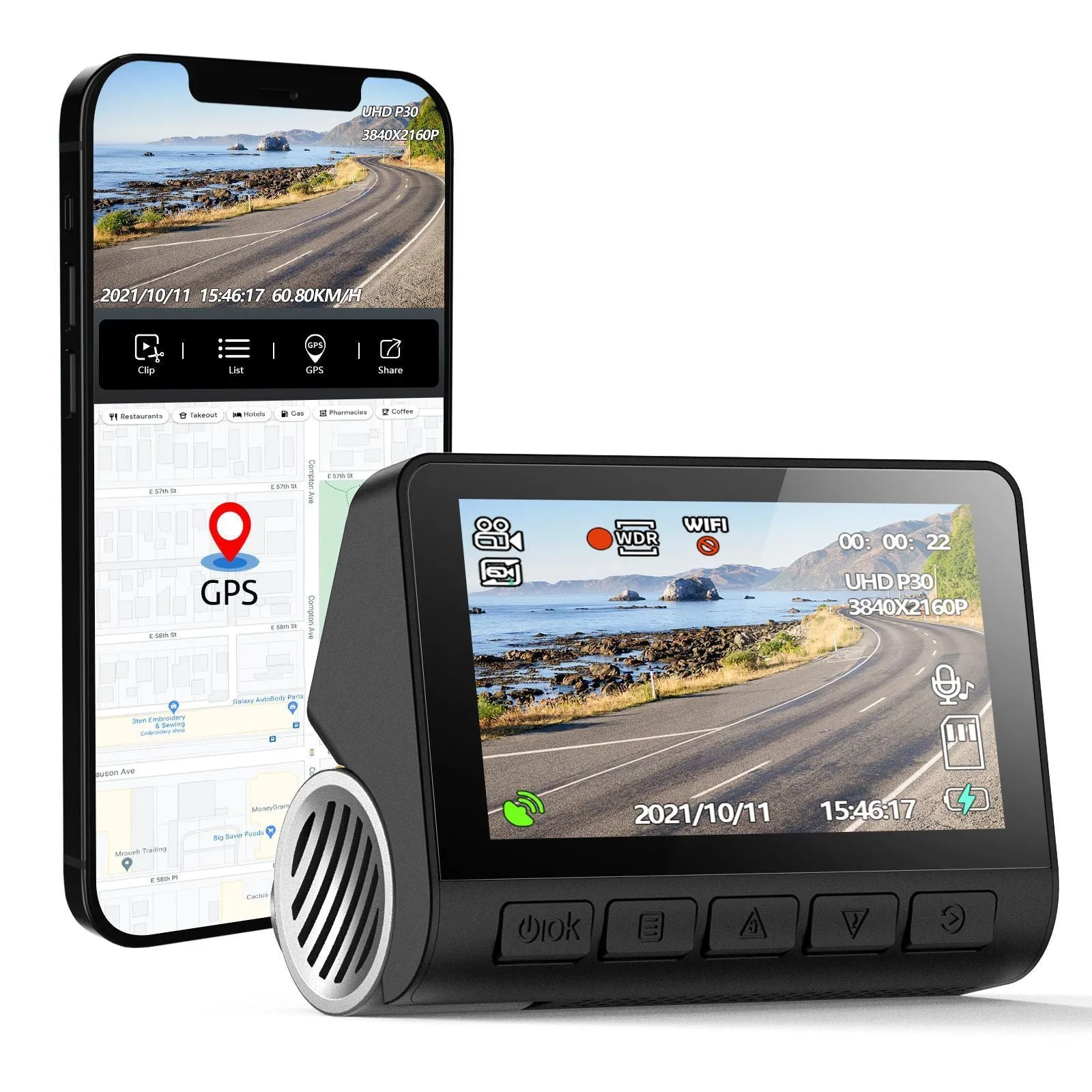 V55 4K UHD night vision car camera dash cam with double lens and front windshield mount in black