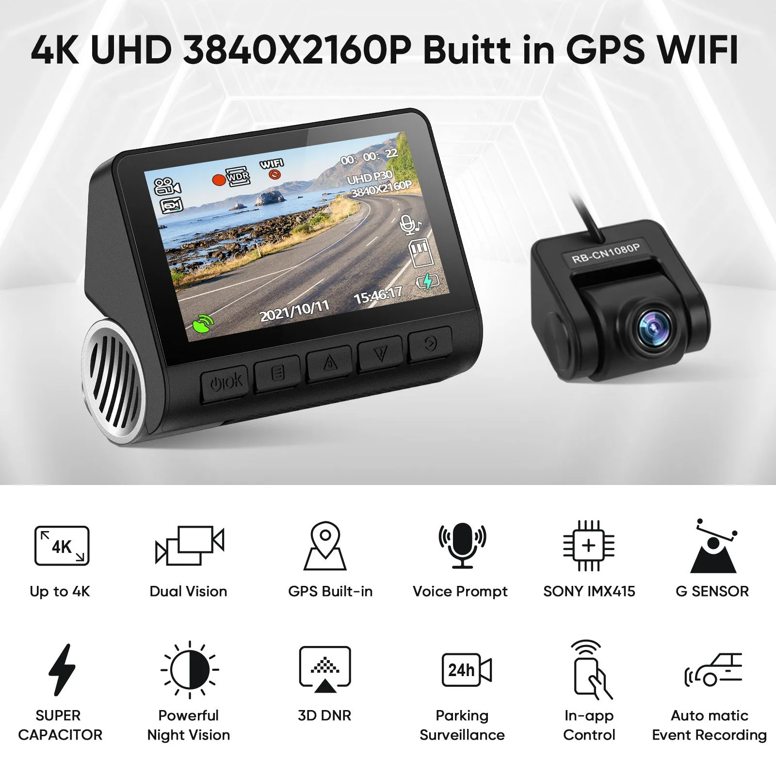 V55 4K UHD night vision car camera dash cam with double lens and front windshield mount in black