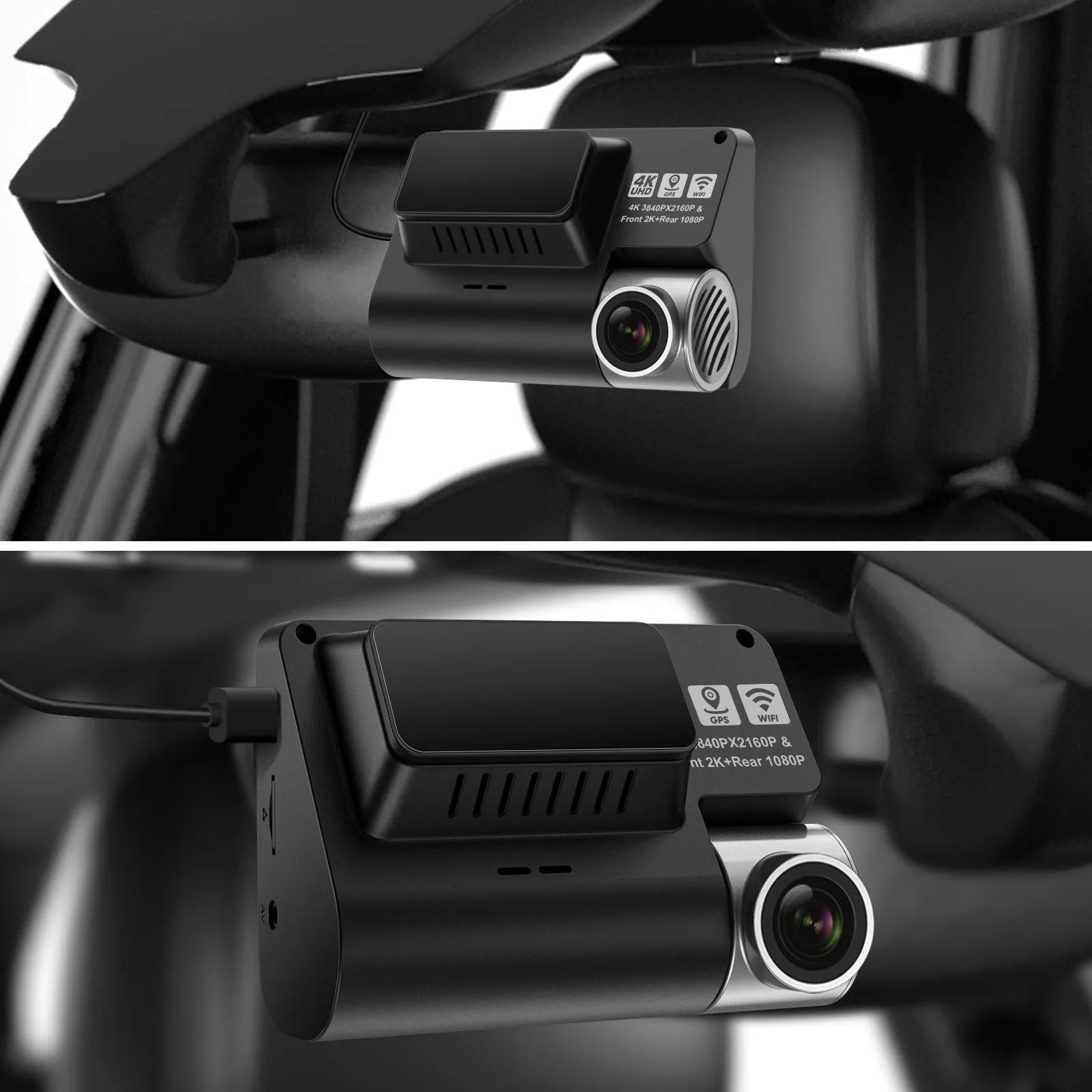 V55 4K UHD night vision car camera dash cam with double lens and front windshield mount in black