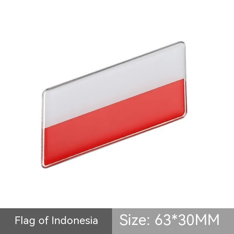 Aluminium national flag car sticker with metal crystal tail tag measuring 6.3cm by 3cm showing parallelogram shape