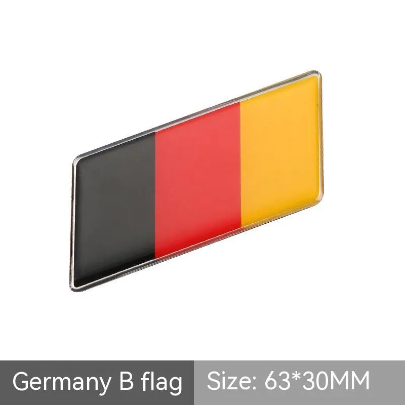 Aluminium national flag car sticker with metal crystal tail tag measuring 6.3cm by 3cm showing parallelogram shape