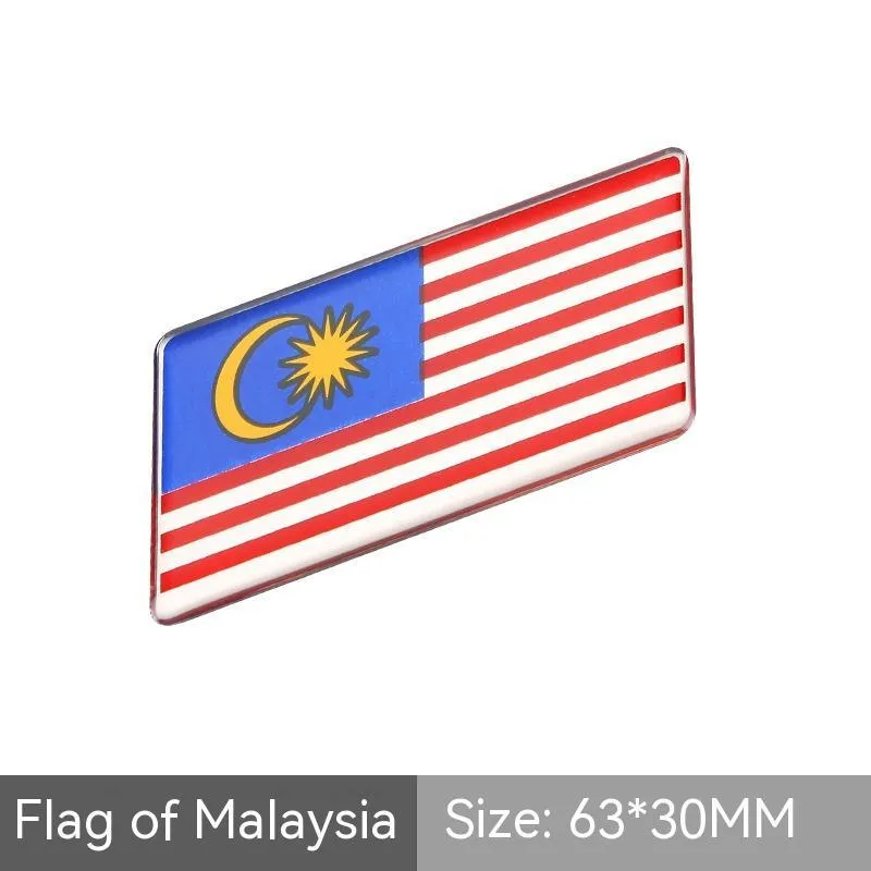 Aluminium national flag car sticker with metal crystal tail tag measuring 6.3cm by 3cm showing parallelogram shape