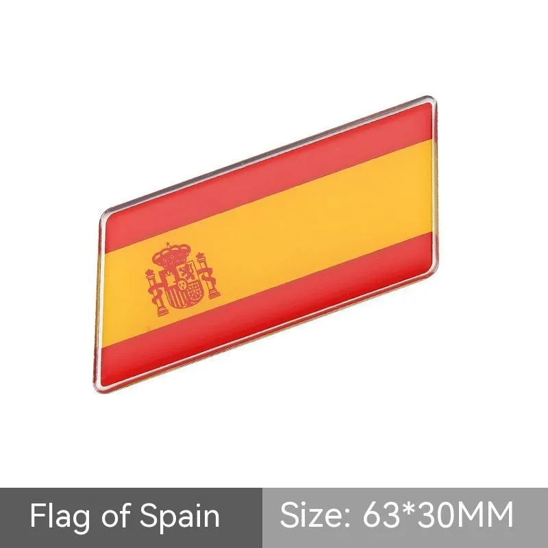 Aluminium national flag car sticker with metal crystal tail tag measuring 6.3cm by 3cm showing parallelogram shape