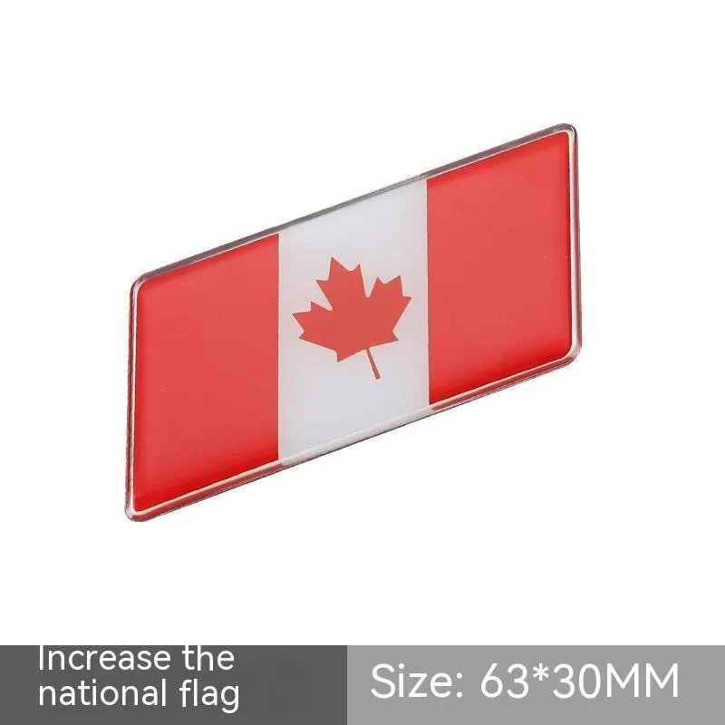 Aluminium national flag car sticker with metal crystal tail tag measuring 6.3cm by 3cm showing parallelogram shape