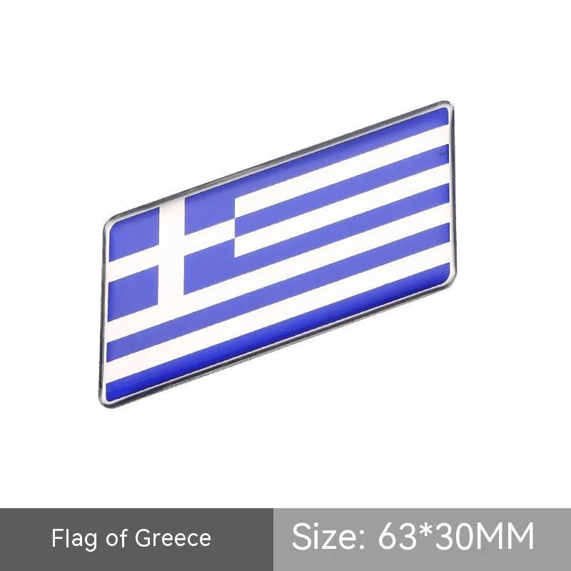 Aluminium national flag car sticker with metal crystal tail tag measuring 6.3cm by 3cm showing parallelogram shape