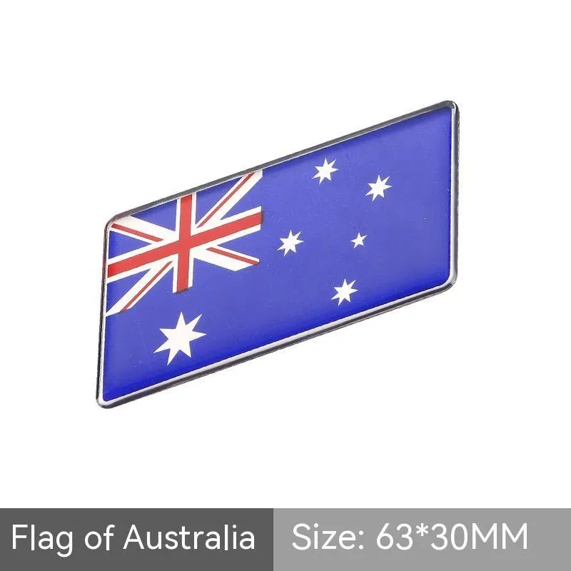 Aluminium national flag car sticker with metal crystal tail tag measuring 6.3cm by 3cm showing parallelogram shape