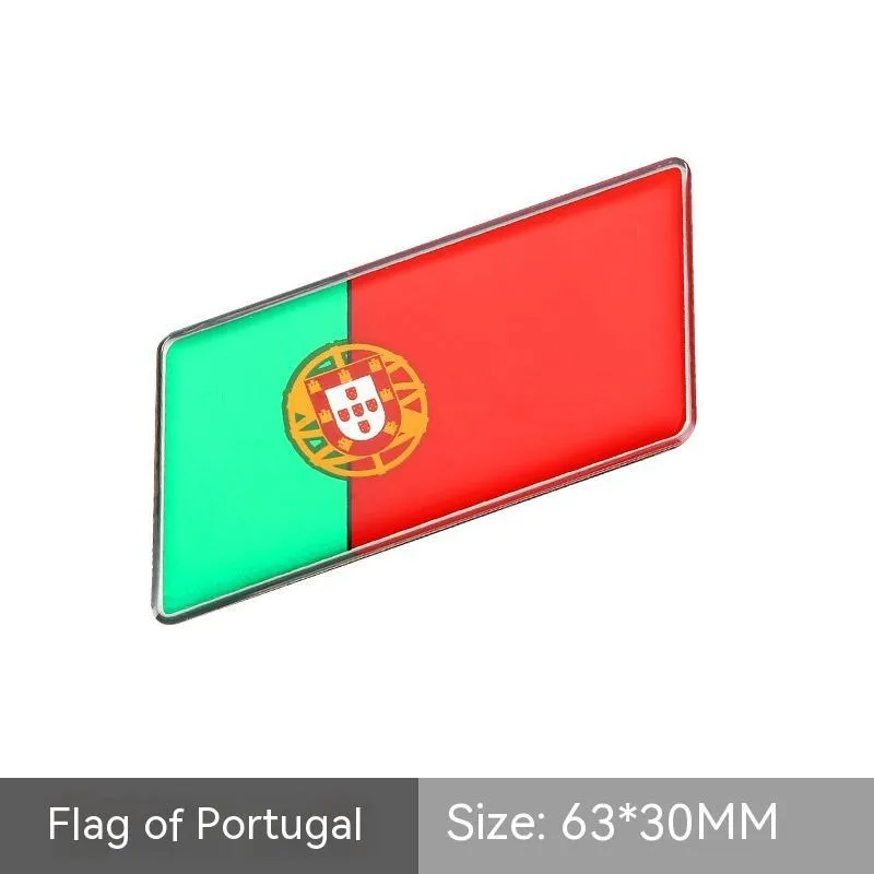 Aluminium national flag car sticker with metal crystal tail tag measuring 6.3cm by 3cm showing parallelogram shape