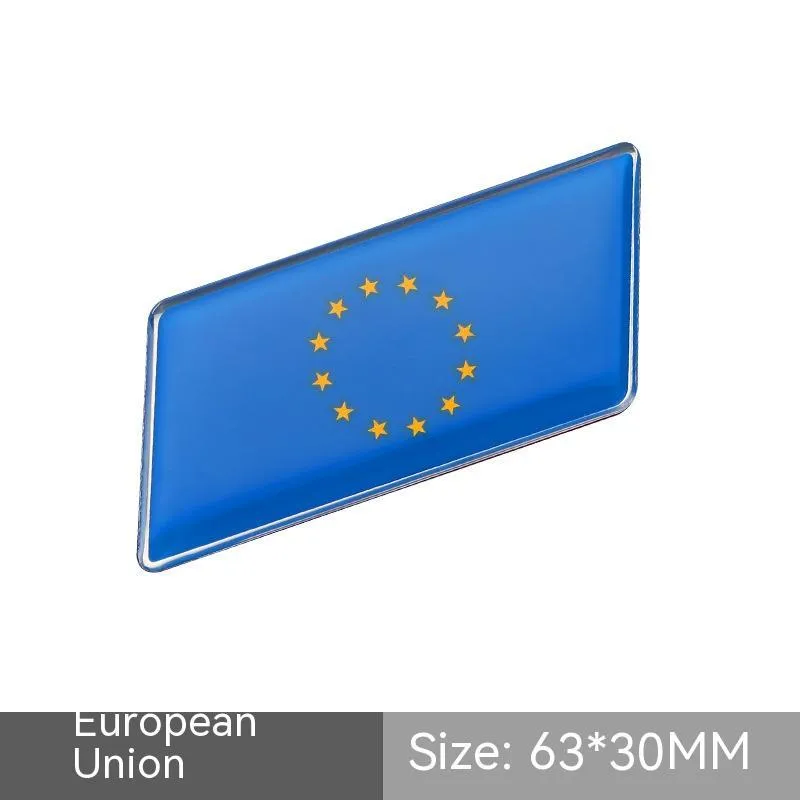 Aluminium national flag car sticker with metal crystal tail tag measuring 6.3cm by 3cm showing parallelogram shape