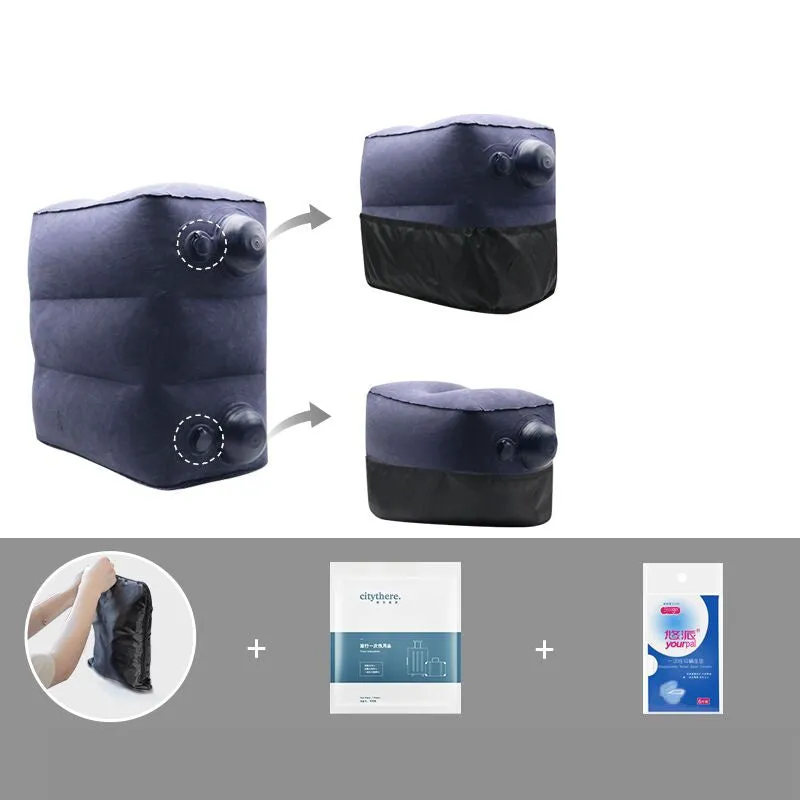 Gray inflatable foot pad with push-on button and adjustable storage bag containing travel accessories