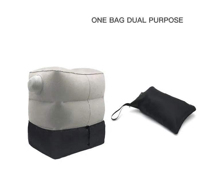 Gray inflatable foot pad with push-on button and adjustable storage bag containing travel accessories