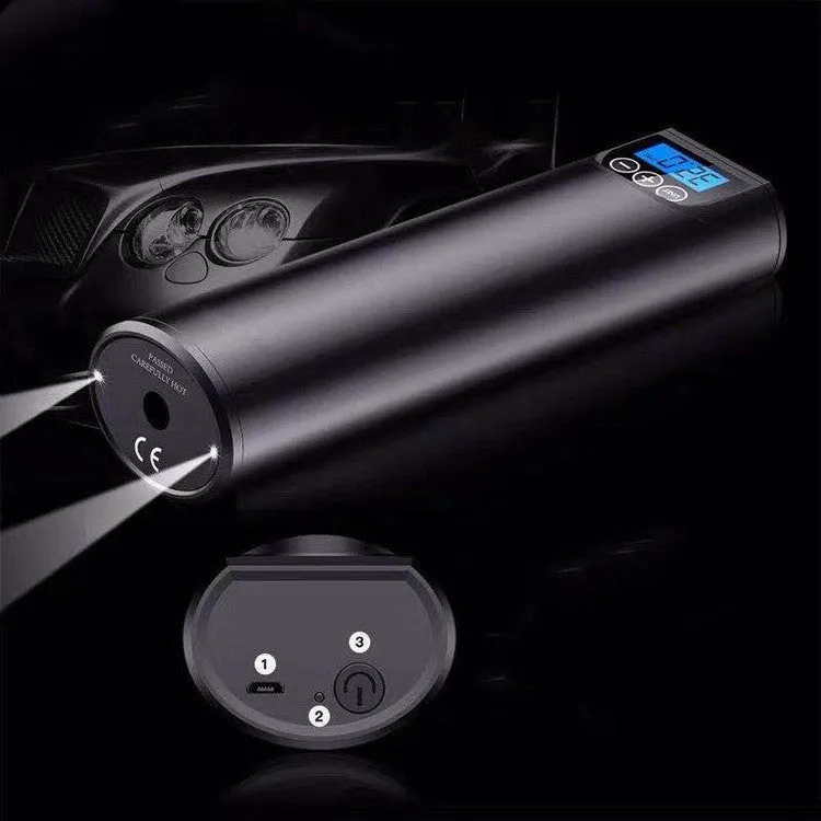 Mini portable wireless car air pump with digital display and flashlight for tyre inflation