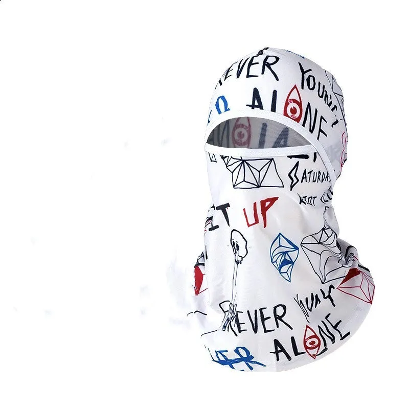 Cotton dome-style motorcycle head cover in a patterned colour, shown with a pair of gloves.