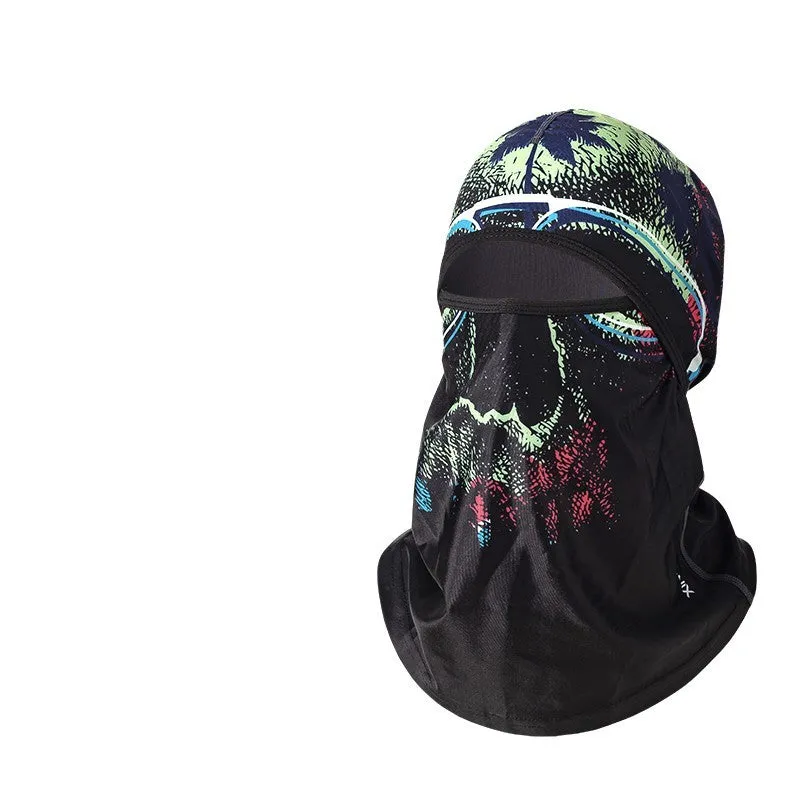 Cotton dome-style motorcycle head cover in a patterned colour, shown with a pair of gloves.