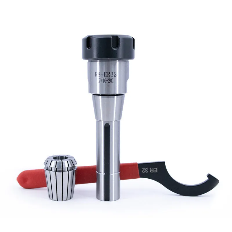 R8-ER32 collet tool set 17-piece with 65Mn steel holder, ER32 collets and wrench on workbench