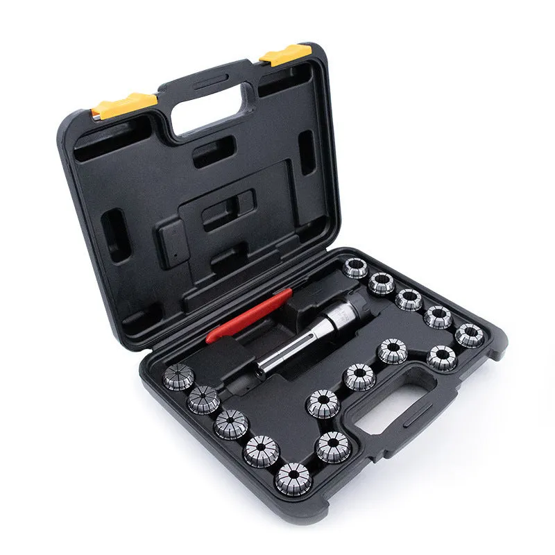 R8-ER32 collet tool set 17-piece with 65Mn steel holder, ER32 collets and wrench on workbench
