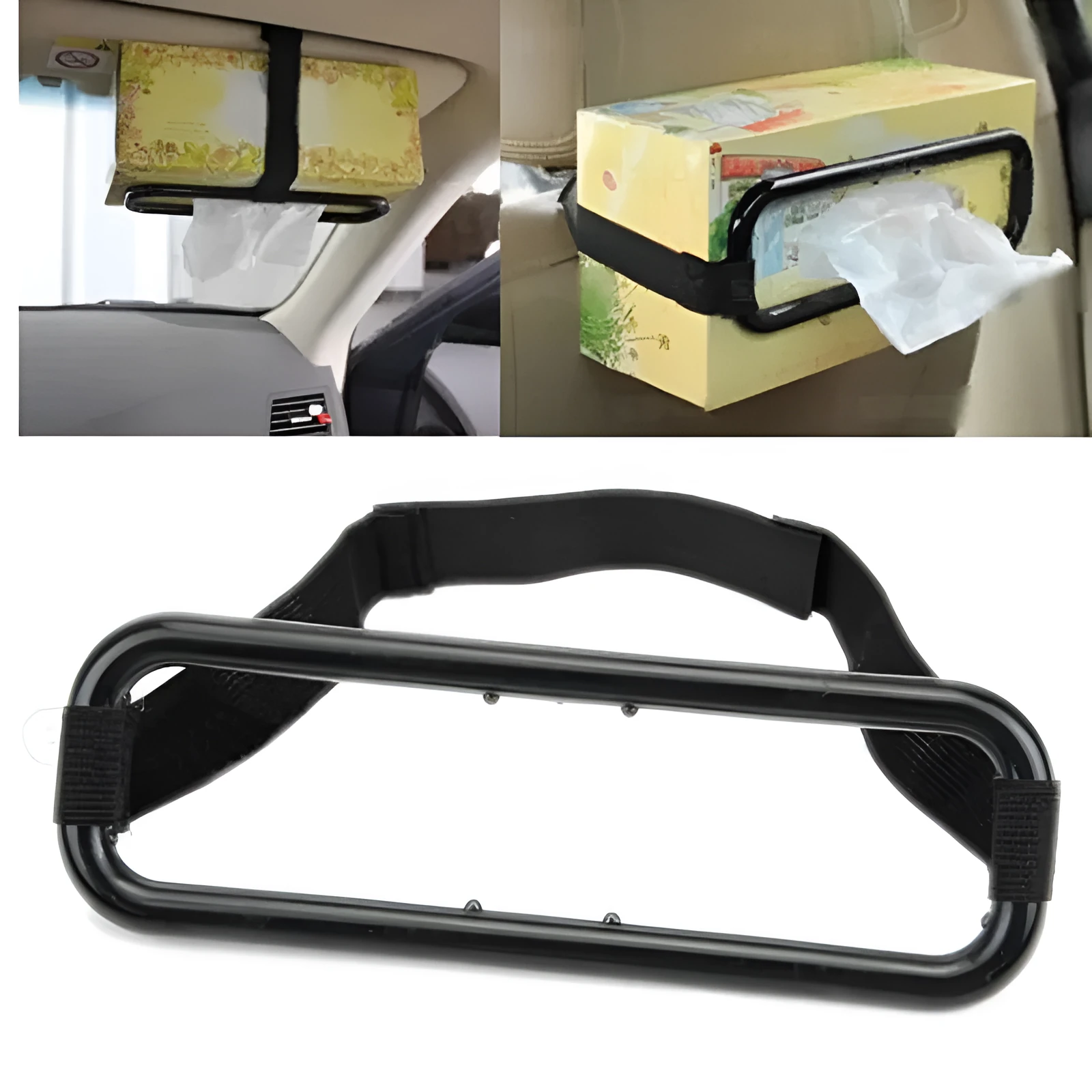 Black car sun visor tissue holder made of ABS material attached to vehicle visor