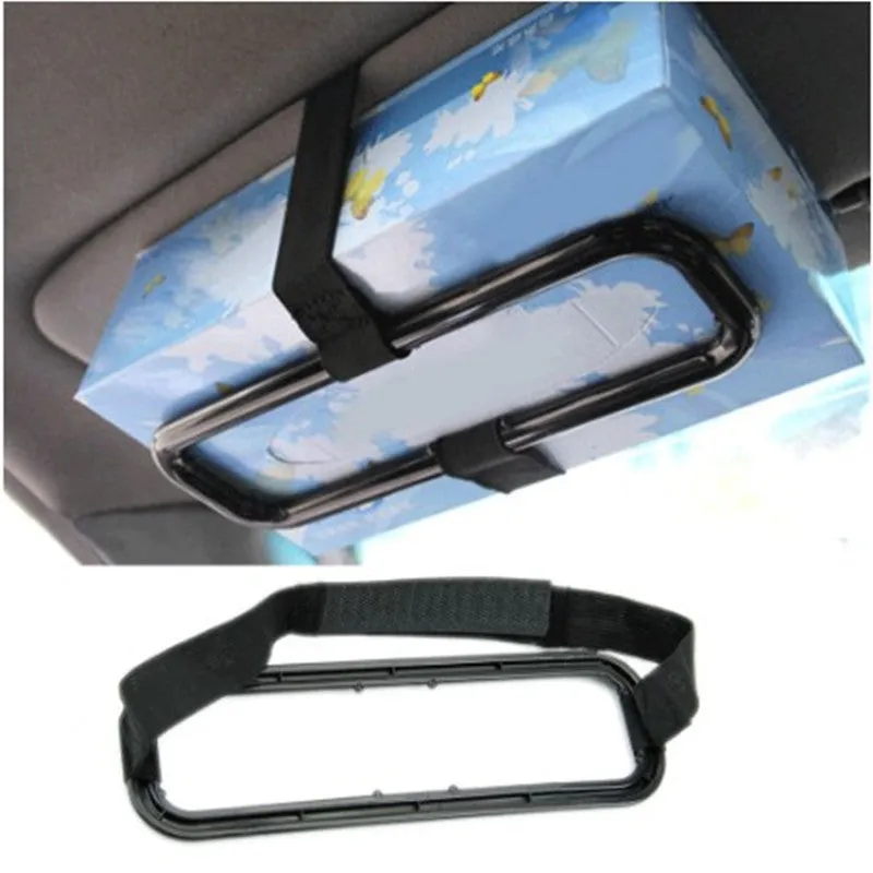 Black car sun visor tissue holder made of ABS material attached to vehicle visor
