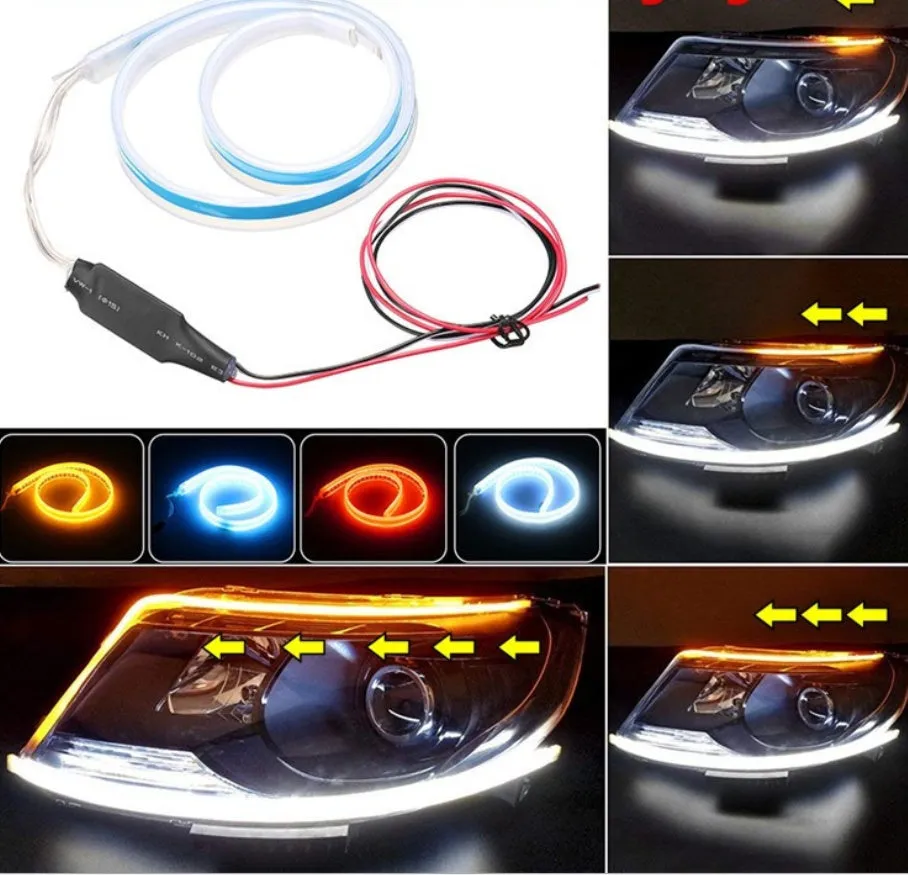60cm ultra-thin car LED tear light guide strip in white yellow two-colour mode on a dark background