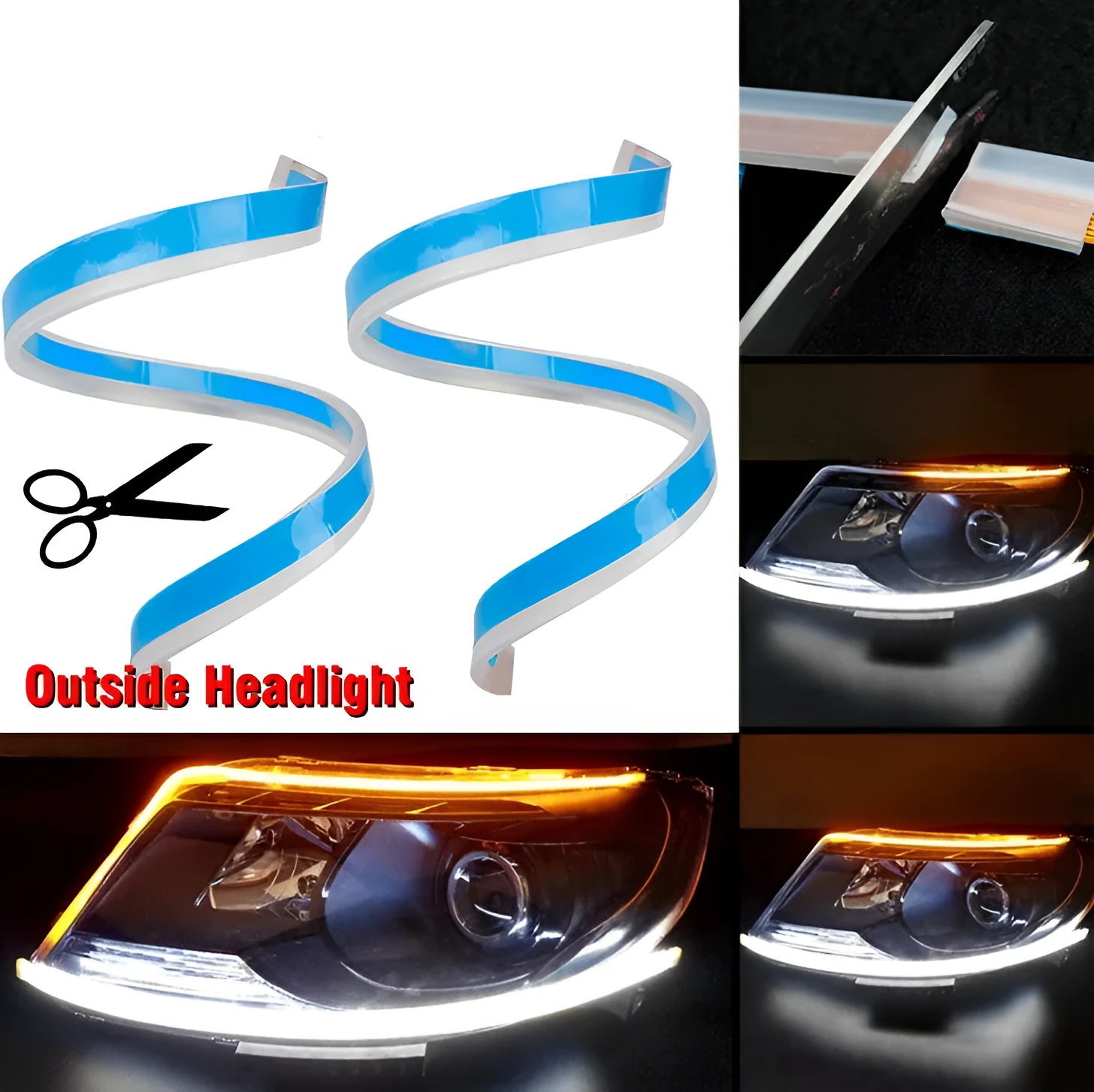 60cm ultra-thin car LED tear light guide strip in white yellow two-colour mode on a dark background