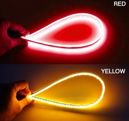 60cm ultra-thin car LED tear light guide strip in white yellow two-colour mode on a dark background