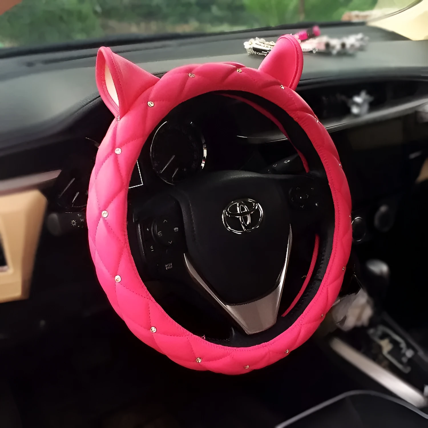 PU leather steering wheel cover with rhinestone Super Cute ear design in black rose red