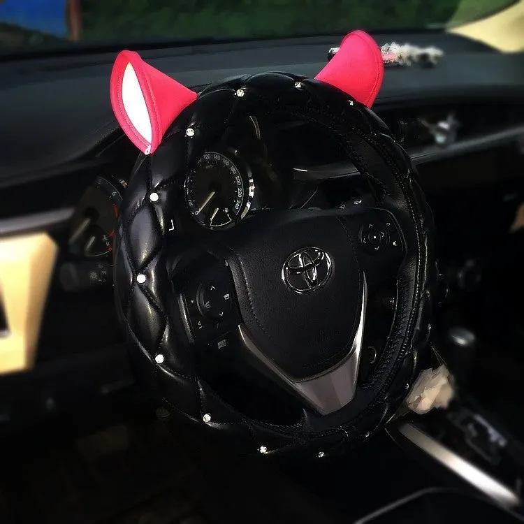 PU leather steering wheel cover with rhinestone Super Cute ear design in black rose red