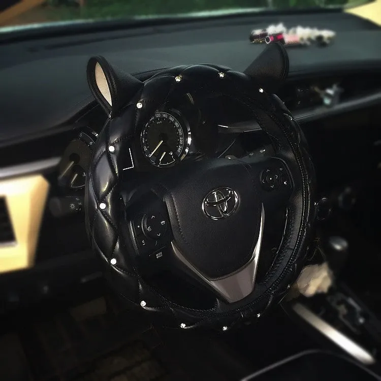 PU leather steering wheel cover with rhinestone Super Cute ear design in black rose red