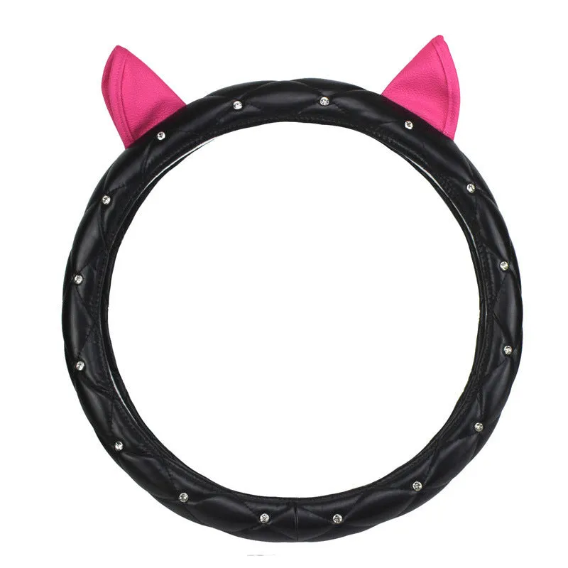 PU leather steering wheel cover with rhinestone Super Cute ear design in black rose red