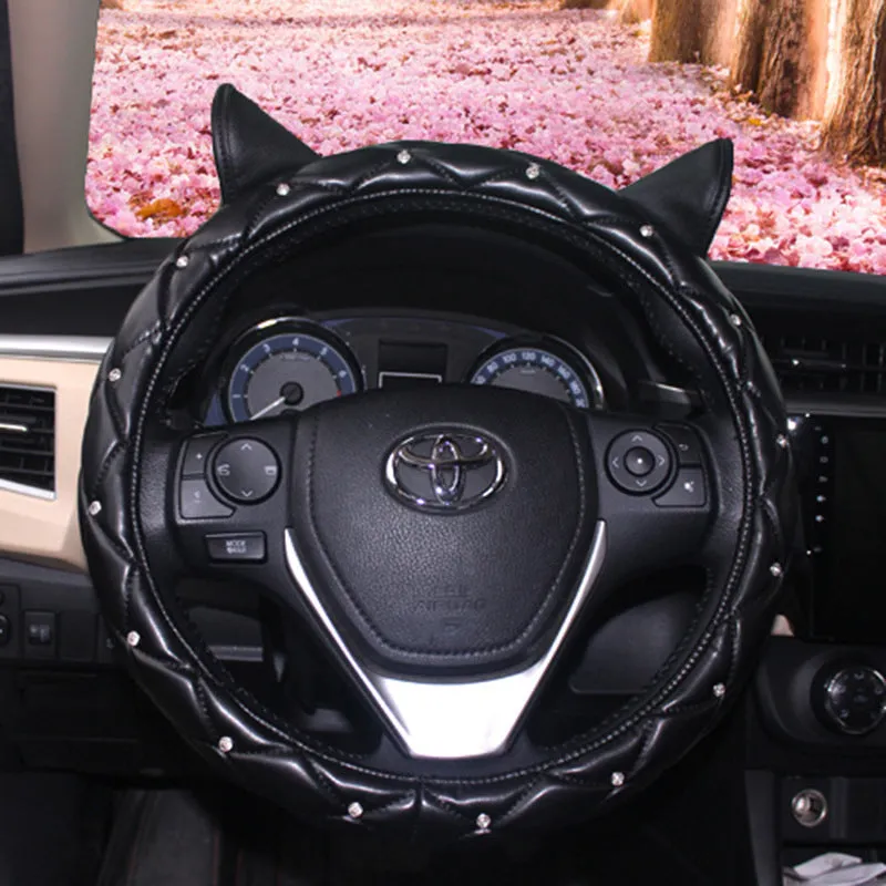 PU leather steering wheel cover with rhinestone Super Cute ear design in black rose red