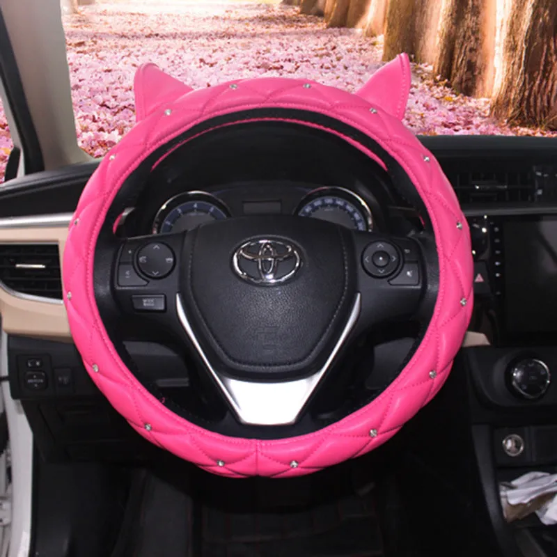 PU leather steering wheel cover with rhinestone Super Cute ear design in black rose red