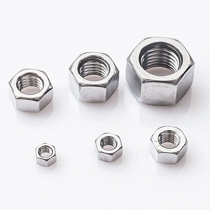 304 stainless steel thickened hex nut assortment from M6 to M56 metric sizes on grey background